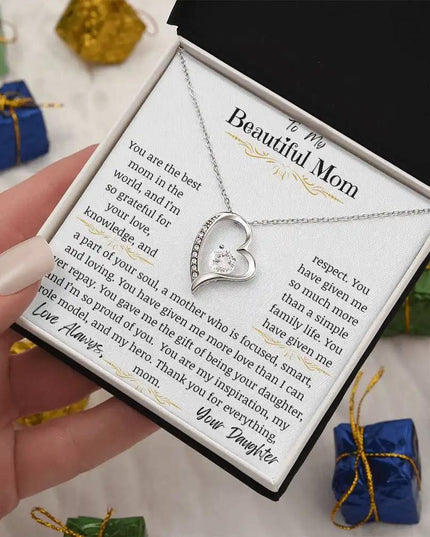 a white gold forever love necklace up close angled right