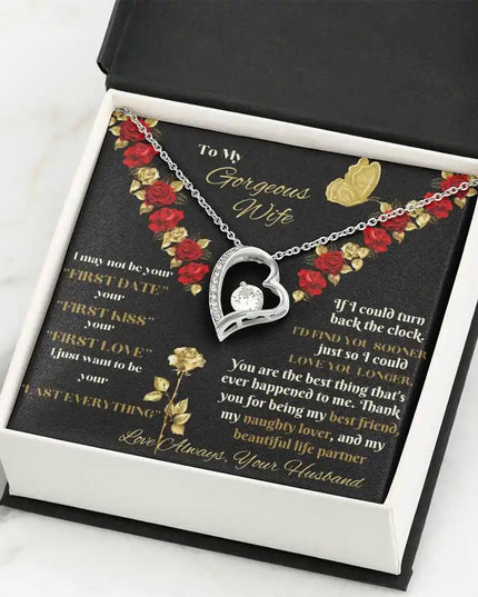 white gold forever love necklace in two-tone box angled right