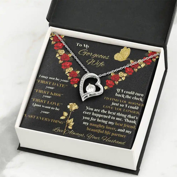 white gold forever love necklace in two-tone box angled right