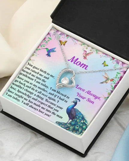 white gold forever love necklace in two-tone box angled right
