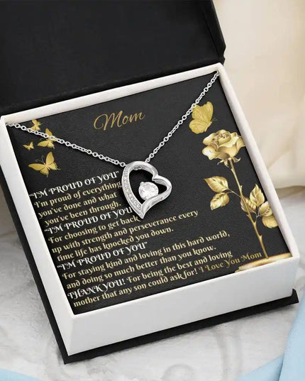 white gold forever love necklace in two-tone box angled left