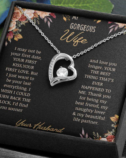 A white gold Forever Love Necklace on a to wife greeting card in a two-tone box.