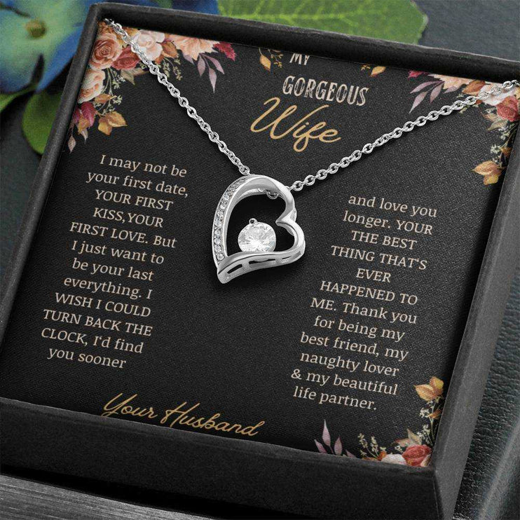 A white gold Forever Love Necklace on a to wife greeting card in a two-tone box.