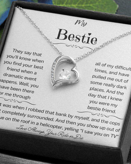 a white gold forever love necklace up close angled right