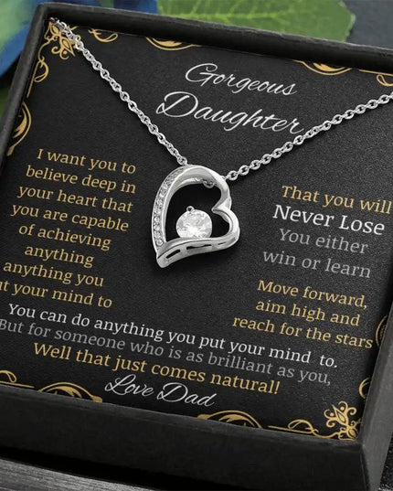 Forever Love Necklace with a white gold pendant in a two-tone box with a to daughter from dad greeting card angle close up