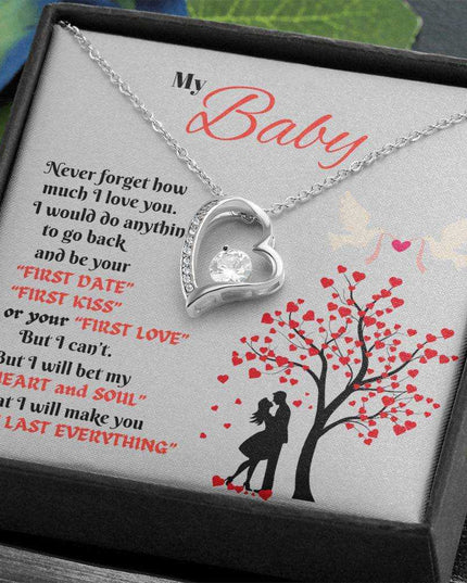 white gold forever love necklace in a soft box angled left