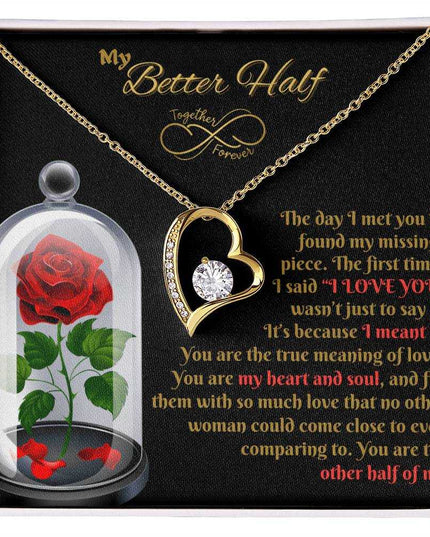 white gold forever love necklace in a soft box up close