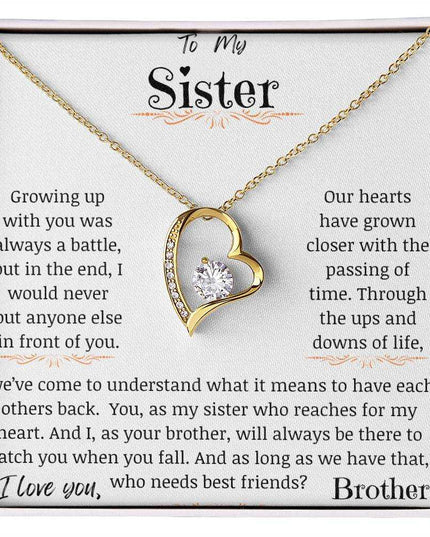 a yellow gold forever love necklace up close.