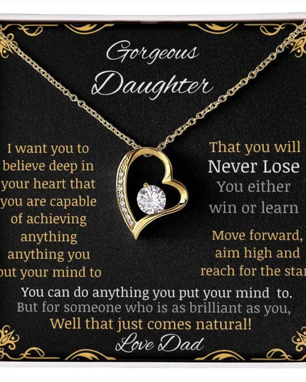 Forever Love Necklace with a yellow gold pendant in a two-tone box with a to daughter from dad greeting card angle close up