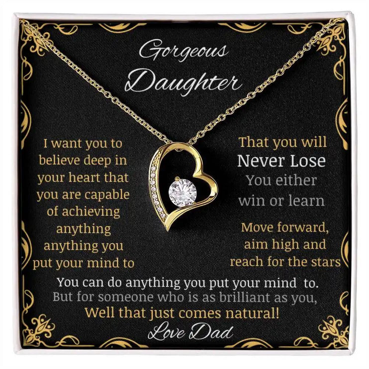 Forever Love Necklace with a yellow gold pendant in a two-tone box with a to daughter from dad greeting card angle close up