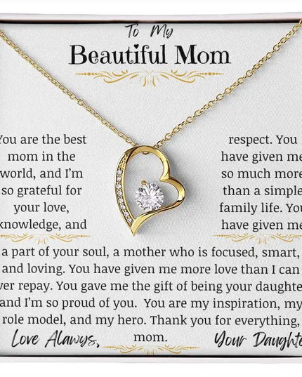 a yellow gold forever love necklace up close