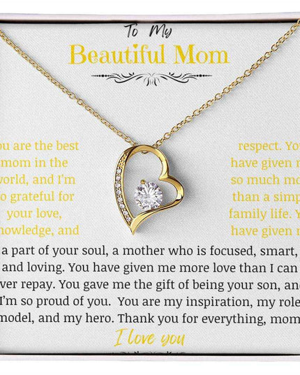 A yellow gold forever love necklace up close