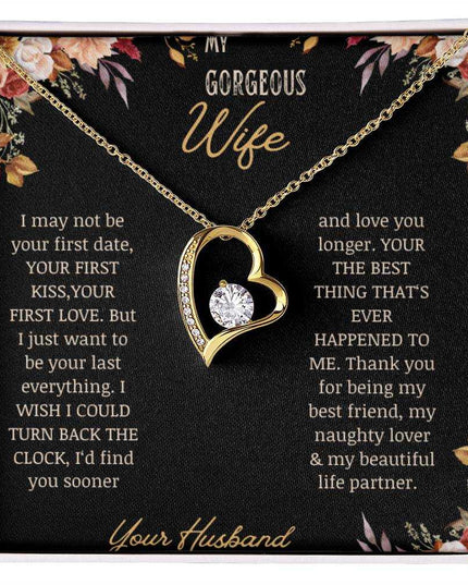 A yellow gold Forever Love Necklace on a to wife greeting card in a two-tone box.