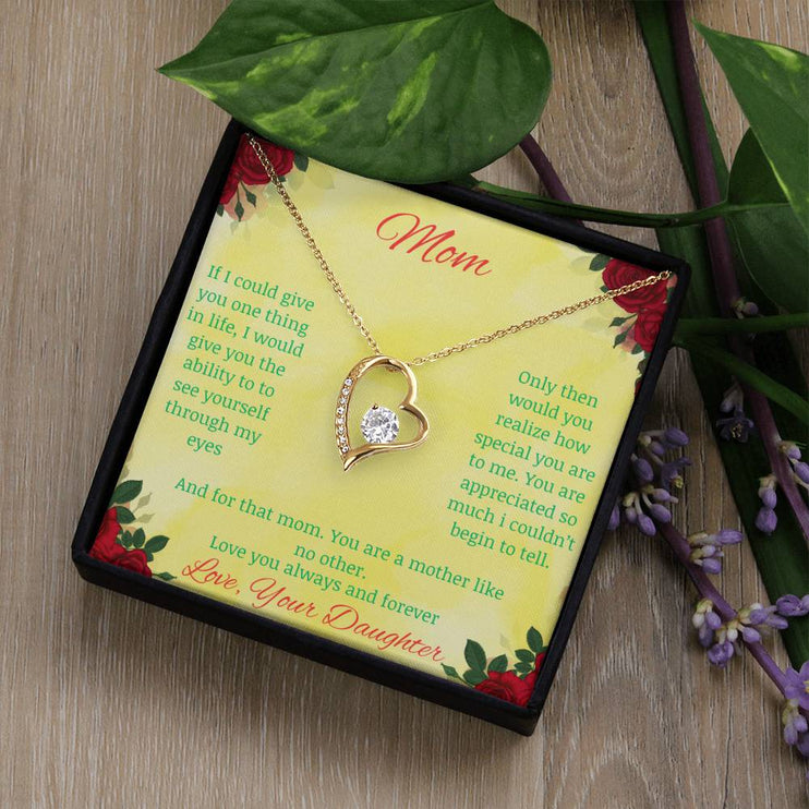 Forever Love Necklace with greeting card to mom with standard box in yellow white gold