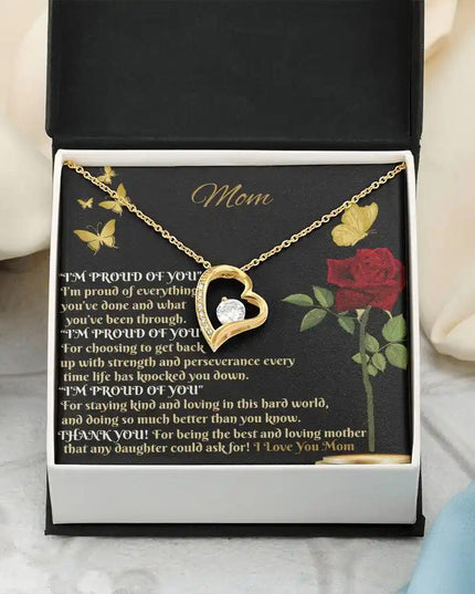 yellow gold forever love necklace in two-tone box close up