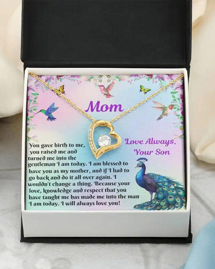 yellow gold forever love necklace in two-tone box tilted view