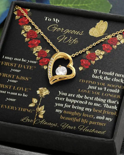 yellow gold forever love necklace in two-tone box angled right