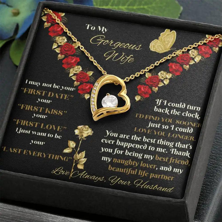 yellow gold forever love necklace in two-tone box angled right