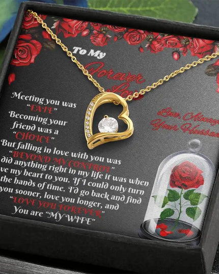 yellow gold forever love necklace in two-tone box angled right