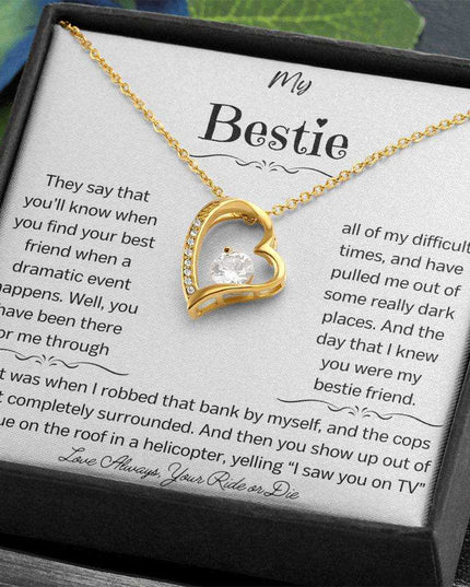 a yellow gold forever love necklace up close