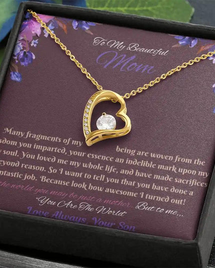 yellow gold forever love necklace in soft box angled right