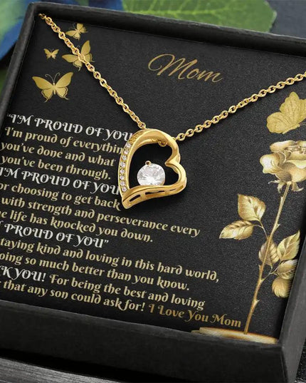yellow gold forever love necklace in two-tone box angled left