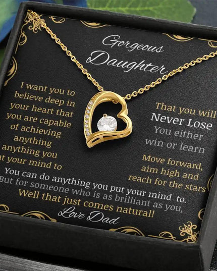 Forever Love Necklace with a yellow gold pendant in a two-tone box with a to daughter from dad greeting card angle close up angled to left close up