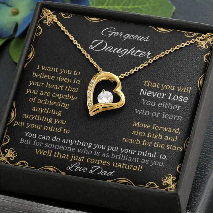 Forever Love Necklace with a yellow gold pendant in a two-tone box with a to daughter from dad greeting card angle close up angled to left close up