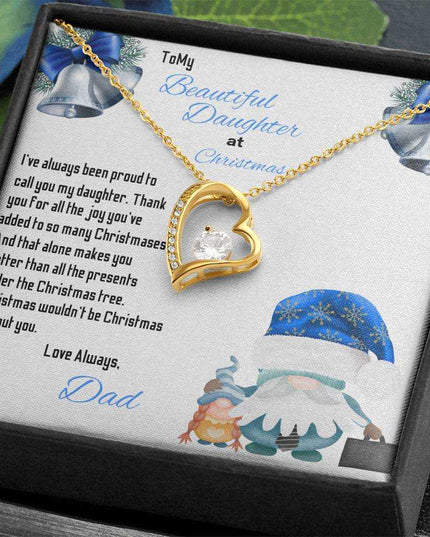 yellow gold forever love necklace in a soft box angled left