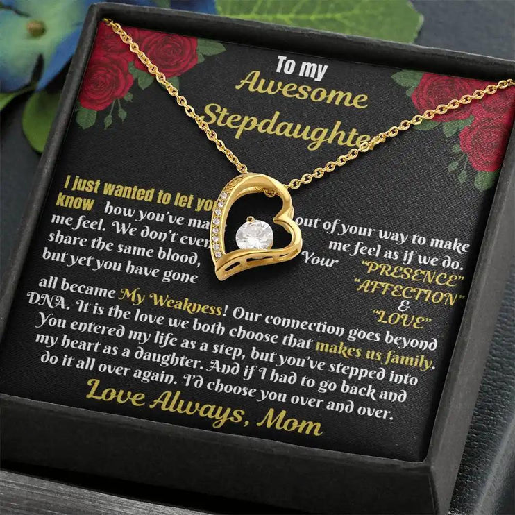 yellow gold forever love necklace in two-tone box angled right