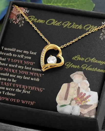 yellow gold forever love necklace in two-tone box angled right
