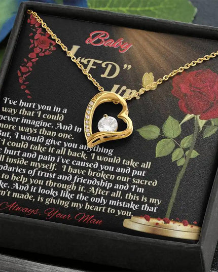 yellow gold forever love necklace in two-tone box angled right