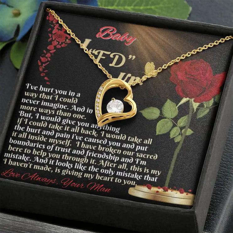 yellow gold forever love necklace in two-tone box angled right