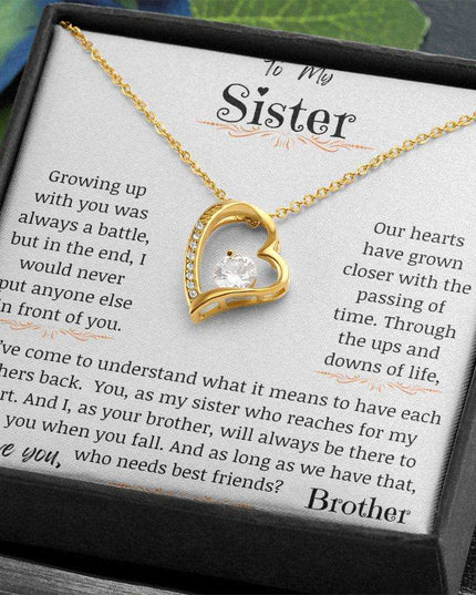a yellow gold forever love necklace up close.