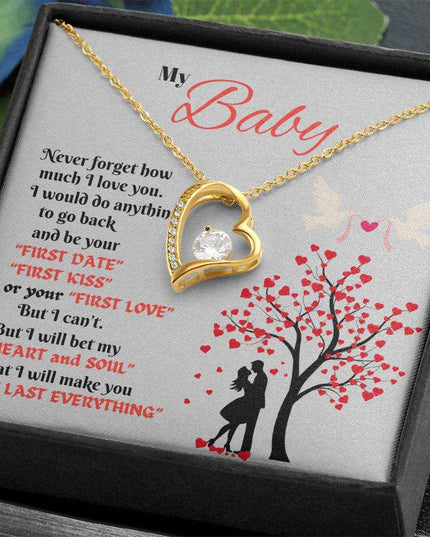 yellow gold forever love necklace in a soft box