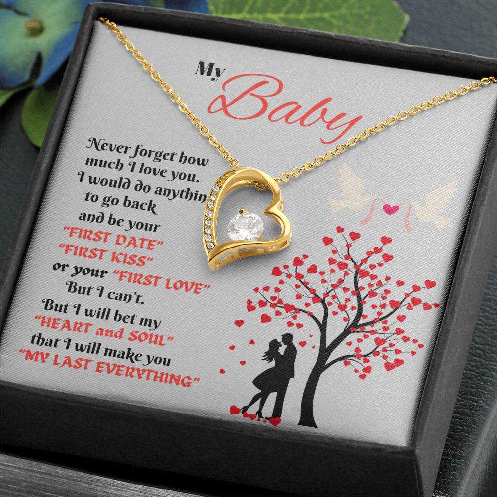 yellow gold forever love necklace in a soft box