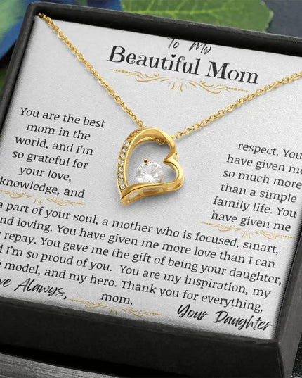 a yellow gold forever love necklace up close angled right