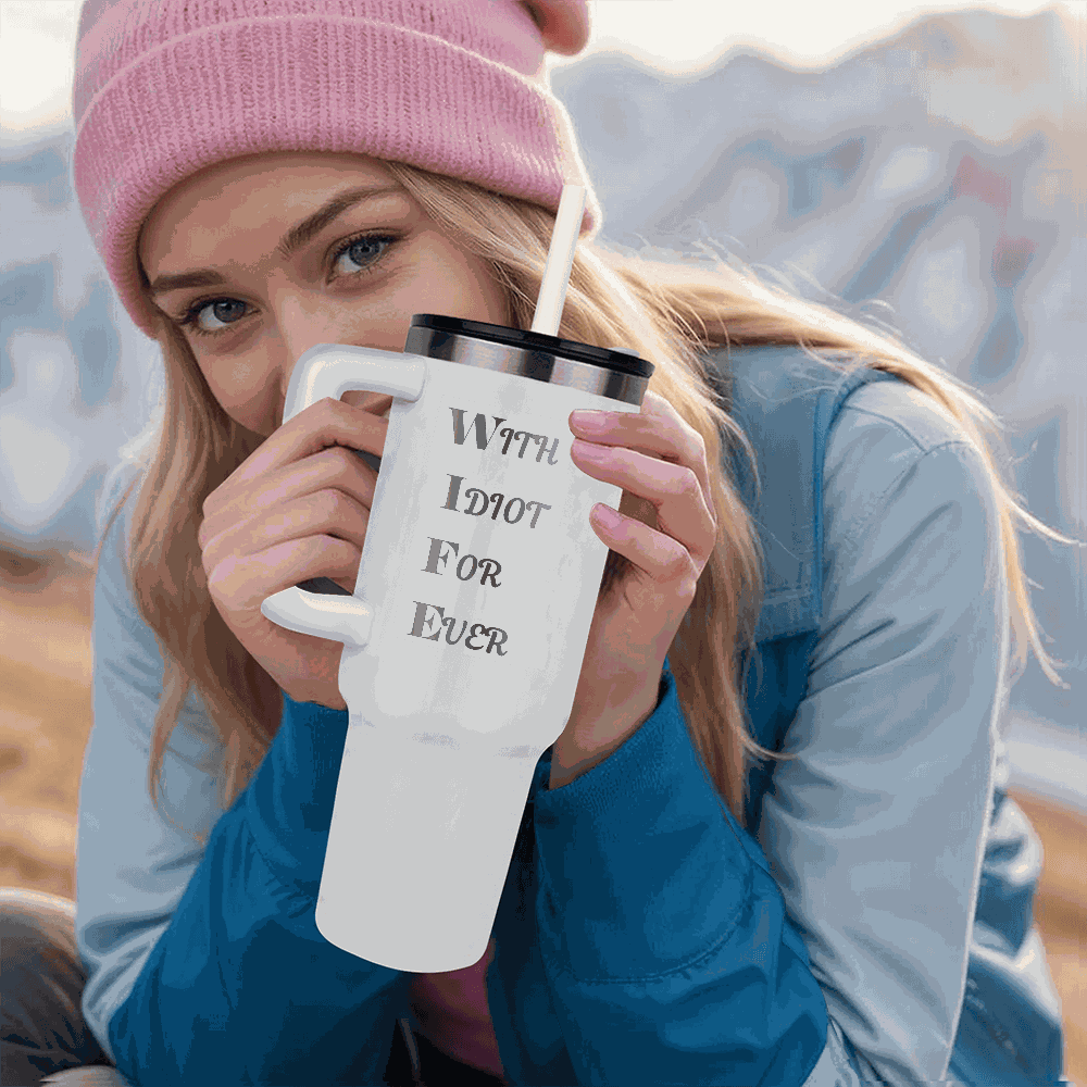 white tumbler 40oz pinnacle in model's hands