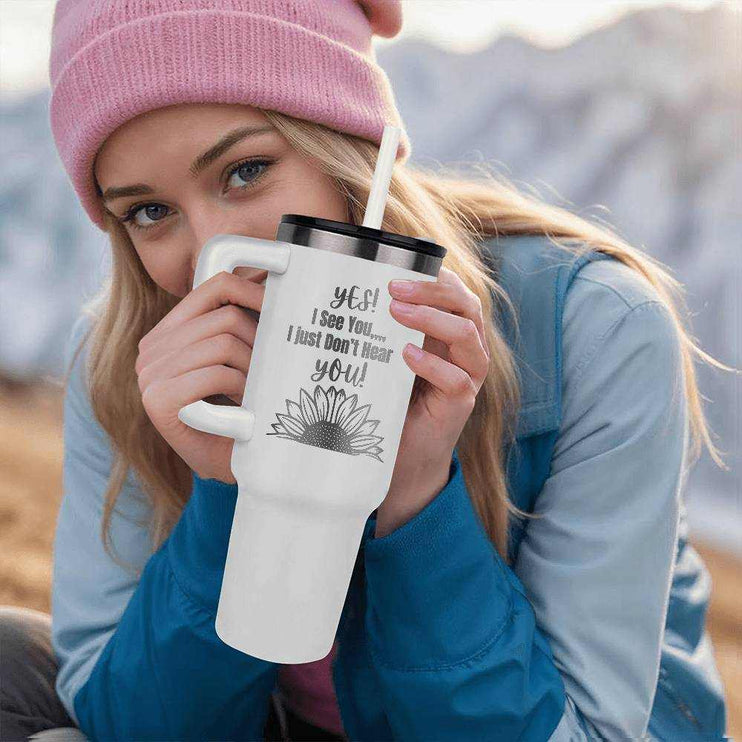 white pinnacle 40oz tumbler with a blonde girl holding