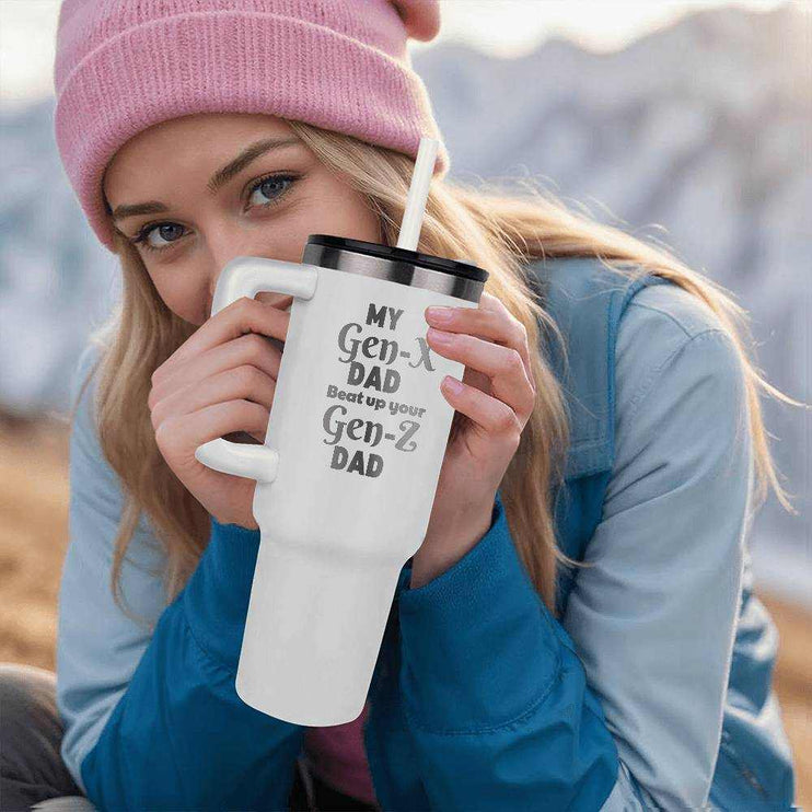 tumbler 40oz pinnacle white with model holding it