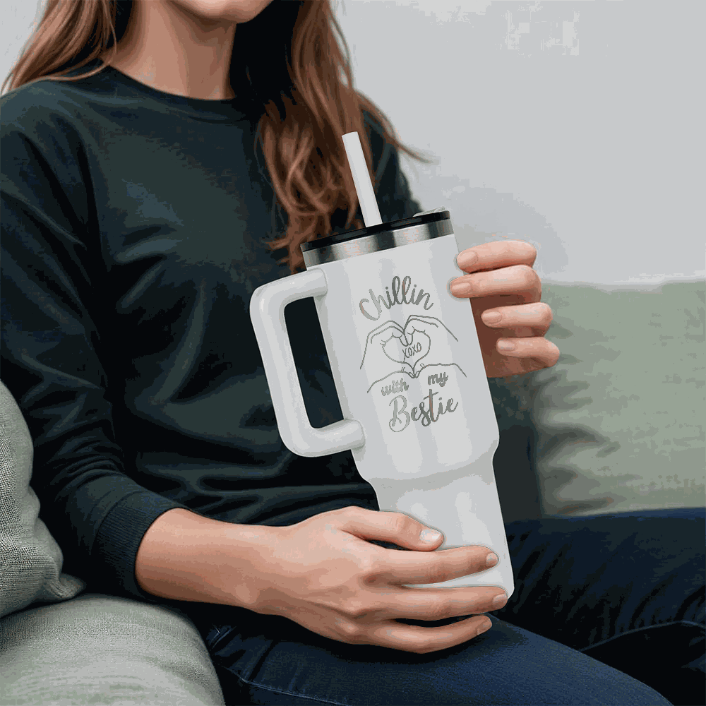 white tumbler 40oz pinnacle in a model's hands