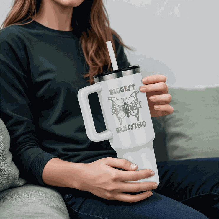 white tumbler 40oz pinnacle in a different model's hands