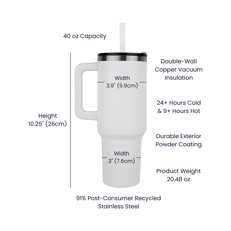 white tumbler 40oz pinnacle showing details