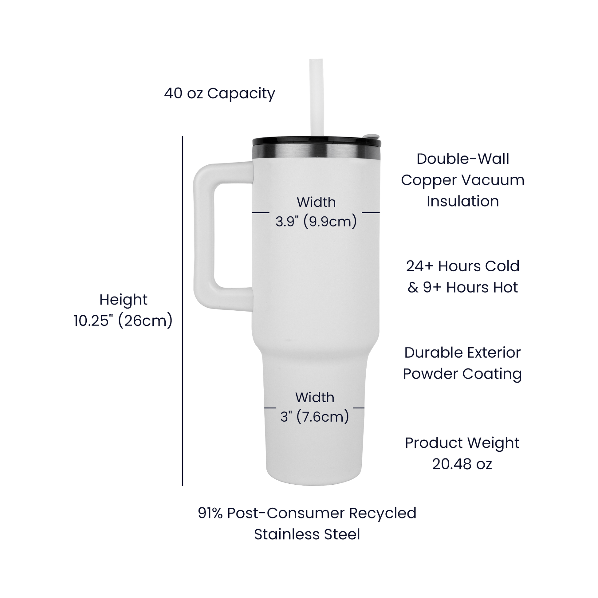 white tumbler 40oz pinnacle showing details of product