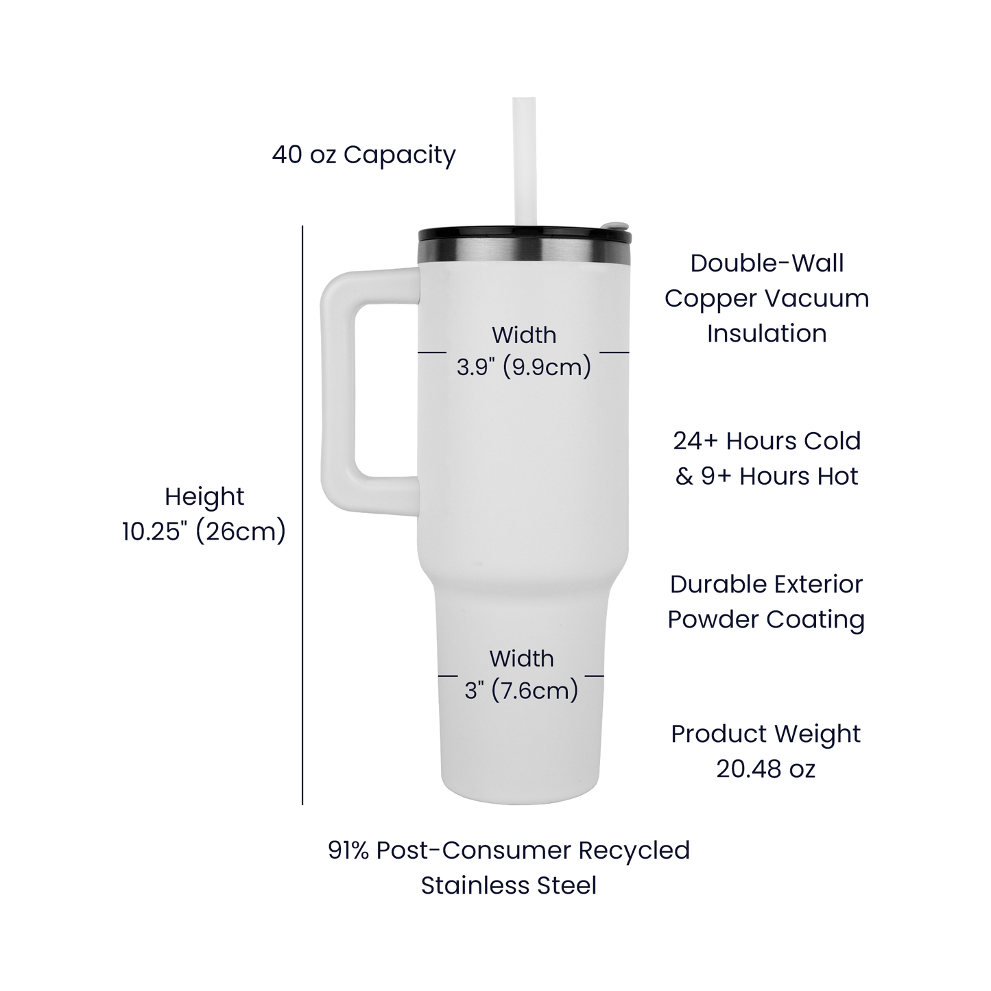 white tumbler 40oz pinnacle showing product specifications