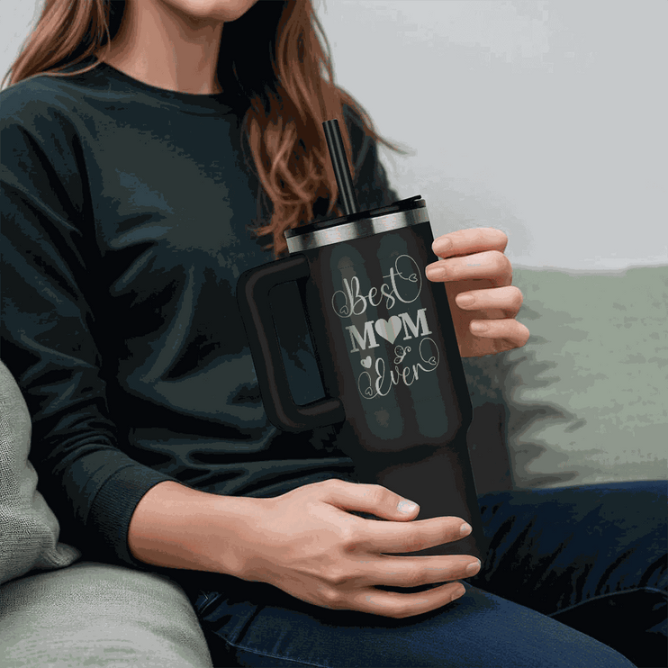 black tumbler 40oz pinnacle in model's hands