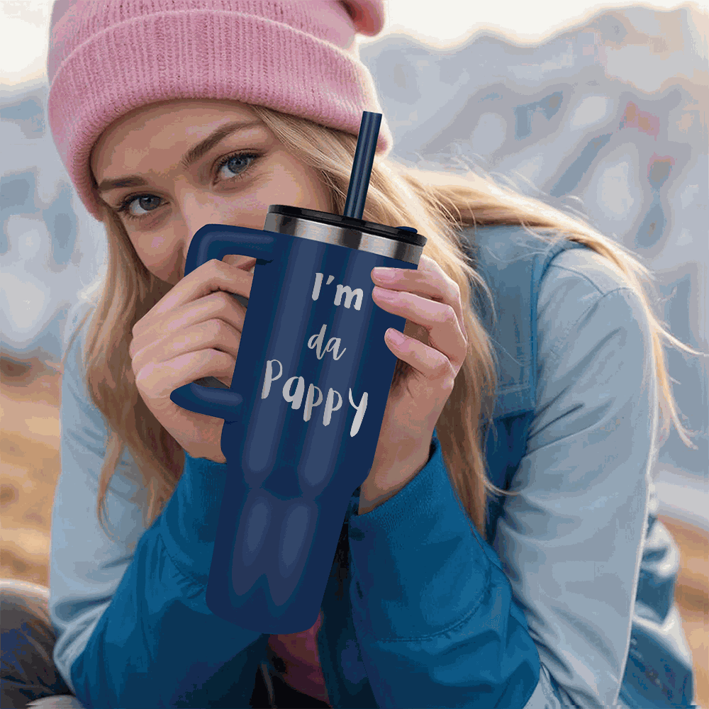 blue tumbler 40oz pinnacle in a model's hands