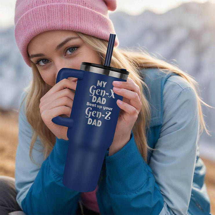  tumbler 40oz pinnacle blue with model holding it