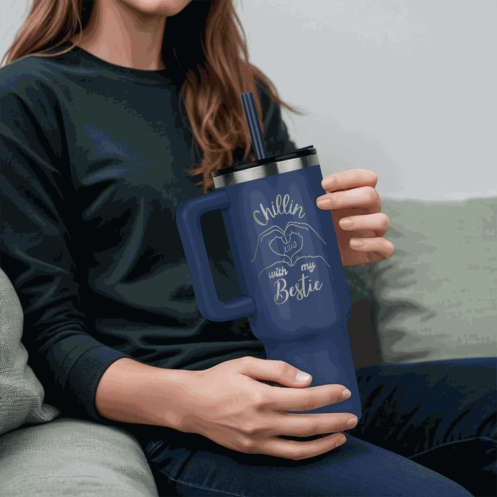 blue tumbler 40oz pinnacle in a model's hands