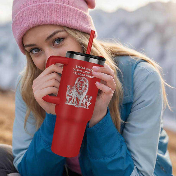 red tumbler 40oz pinnacle in model's hands